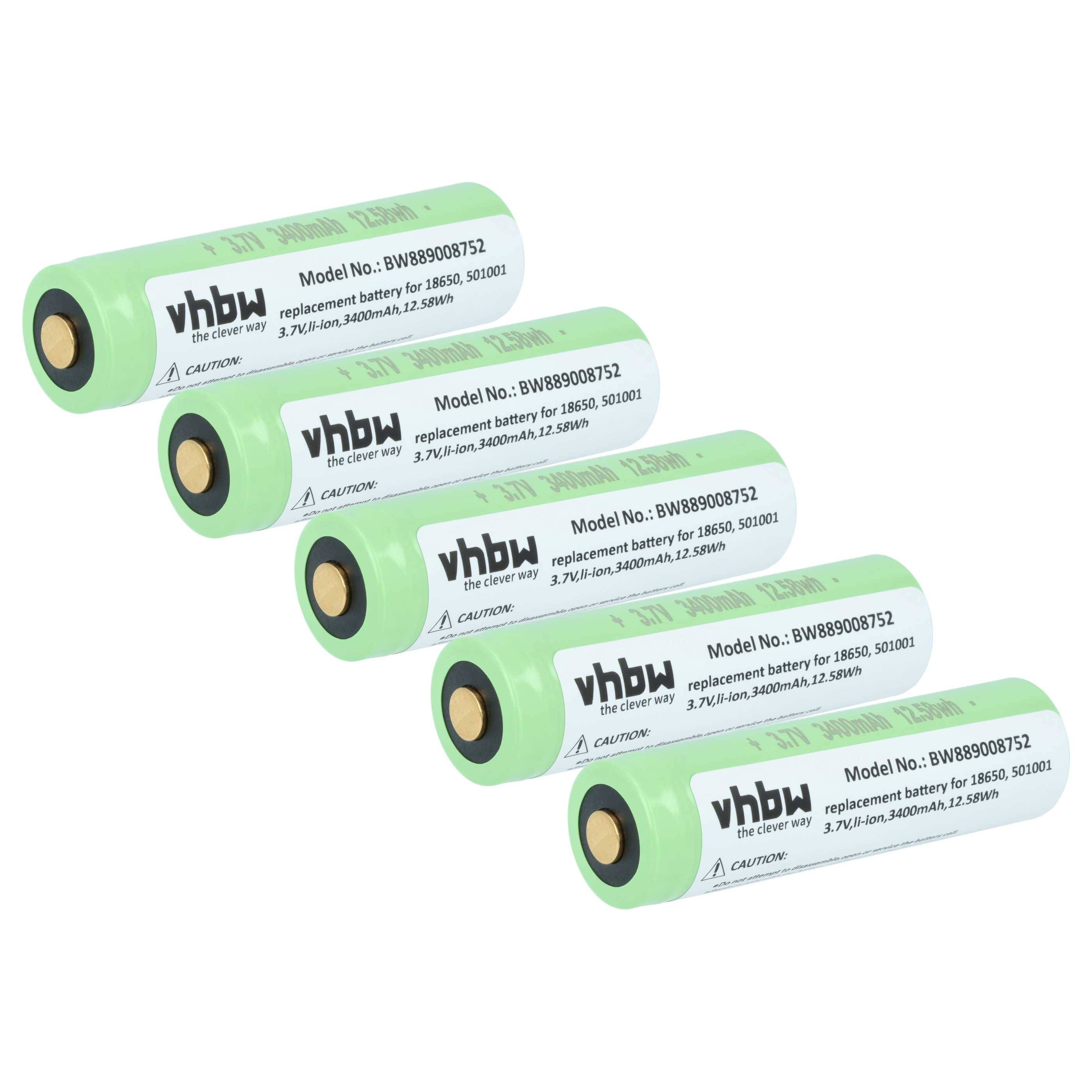 Fünf grüne wiederaufladbare zylindrische Batterien mit der Bezeichnung „vhbw