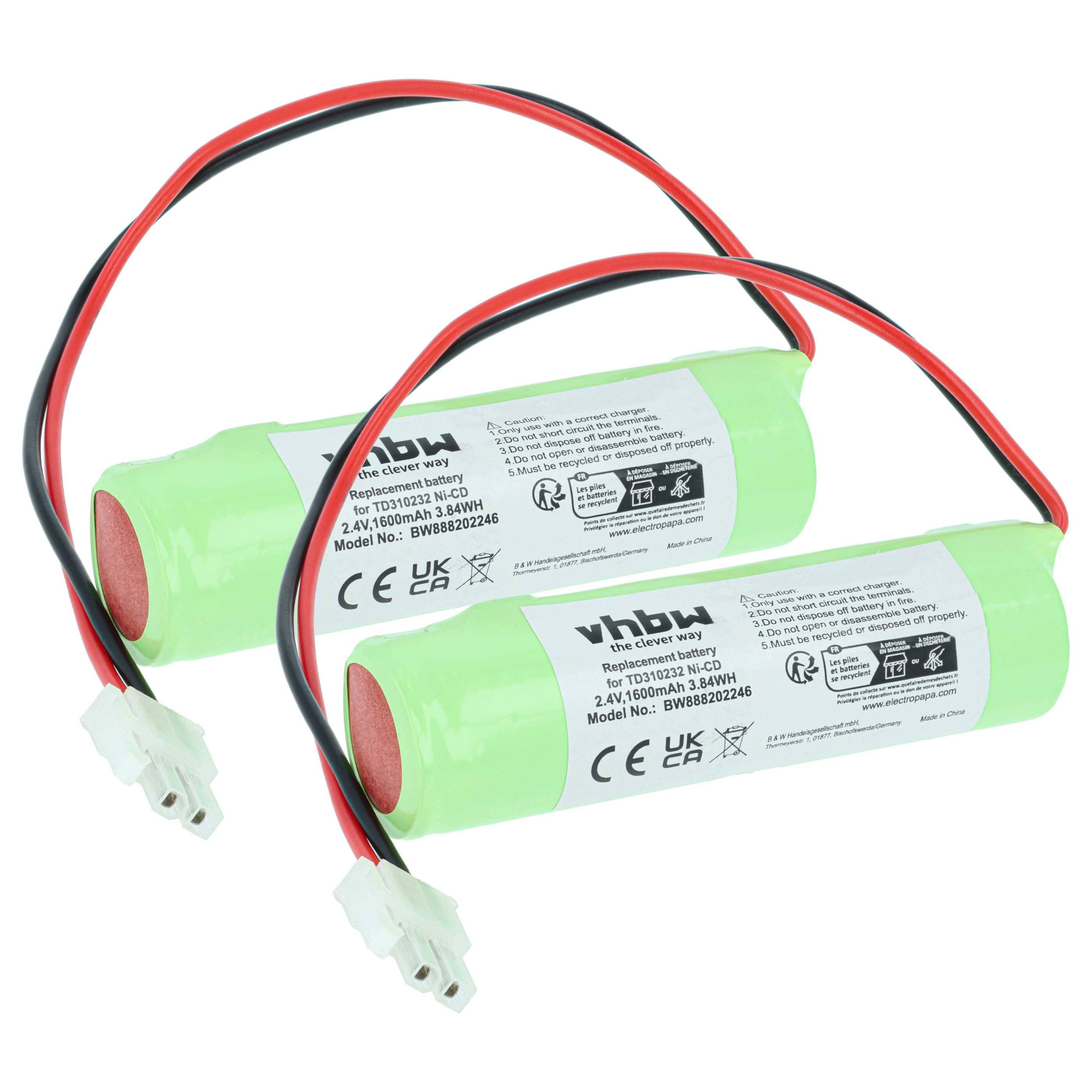Zwei grüne wiederaufladbare Batteriepacks mit roten und schwarzen Leitern und weißen Anschlüssen, gezeigt auf weißem Hintergrund.