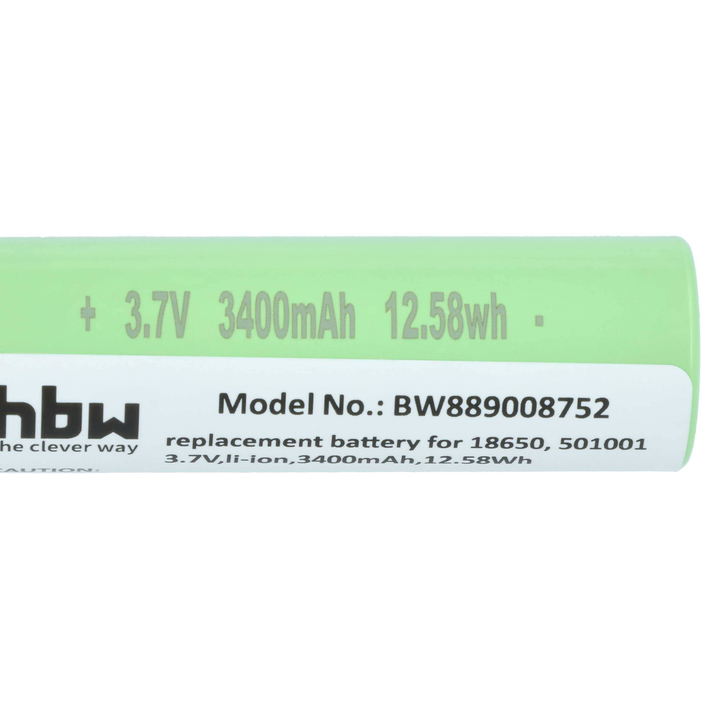 Nahaufnahme eines grünen Ersatzakkus mit der Beschriftung „3.7V 3400mAh 12.58Wh
