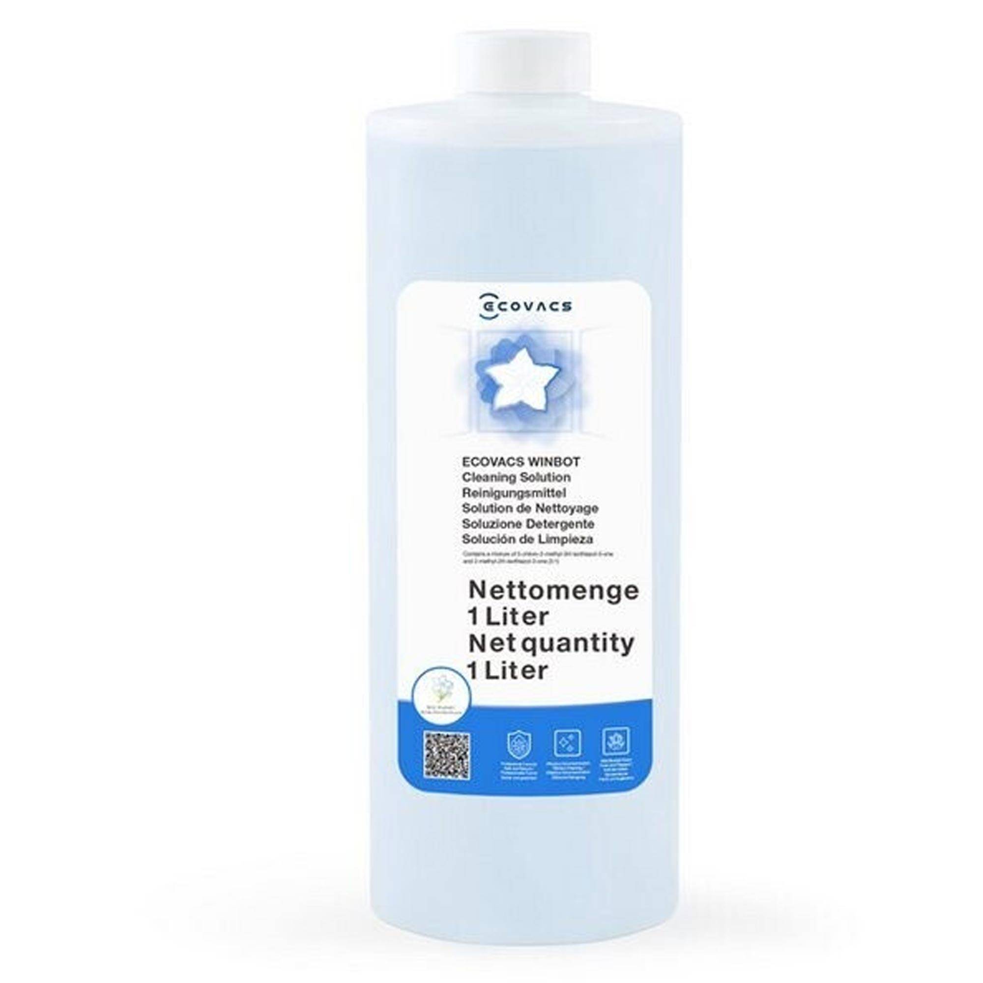 Flasche mit ECOVACS WINBOT-Reinigungslösung, Inhalt 1 Liter, in einem hellblauen Kunststoffbehälter mit weißem Deckel.