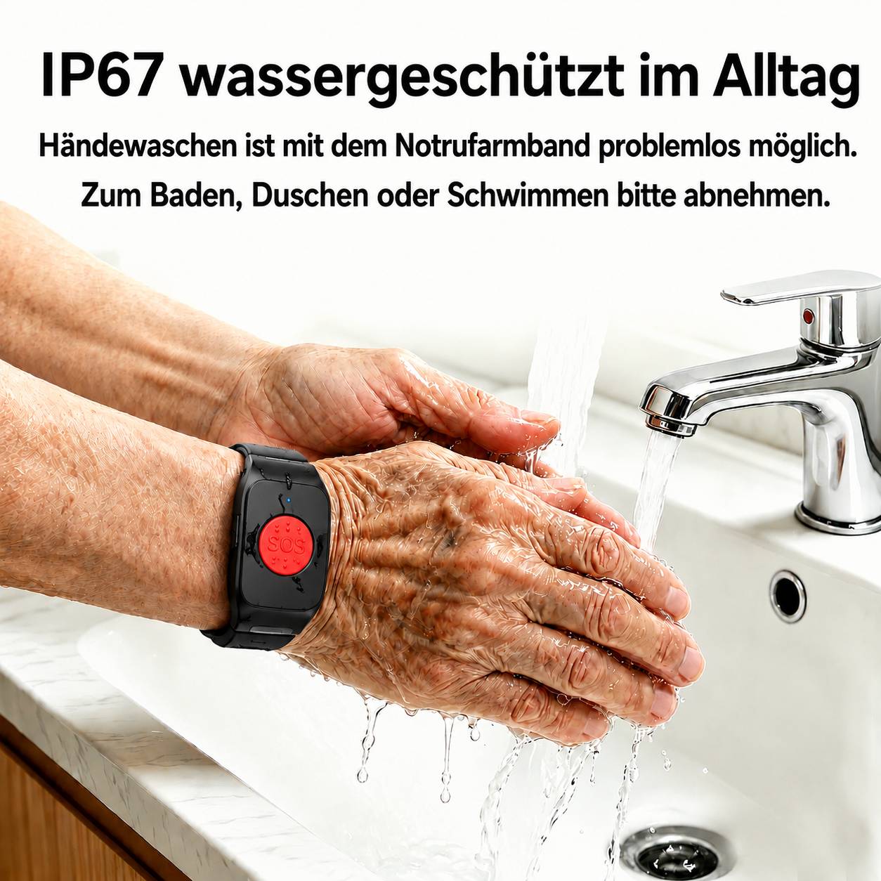 Eine ältere Person wäscht sich die Hände und trägt ein schwarzes Notfall-Armband; deutscher Text besagt „IP67 wasserfest im Alltag" und empfiehlt, es beim Baden, Duschen oder Schwimmen zu entfernen.