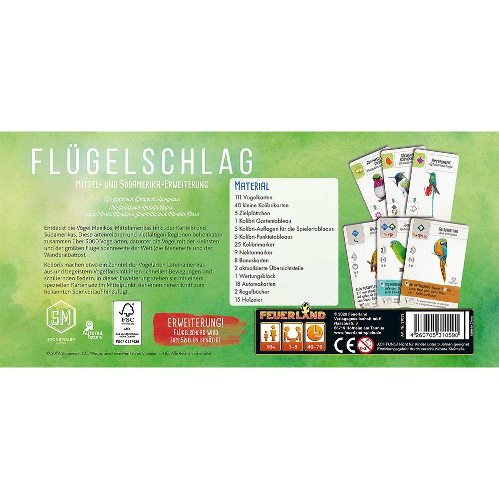 Brettspielschachtel für „Flügelschlag" mit grünem Hintergrund, Materialliste, Erweiterungsetikett und Bildern von Vogelkarten und Spielsteinen.