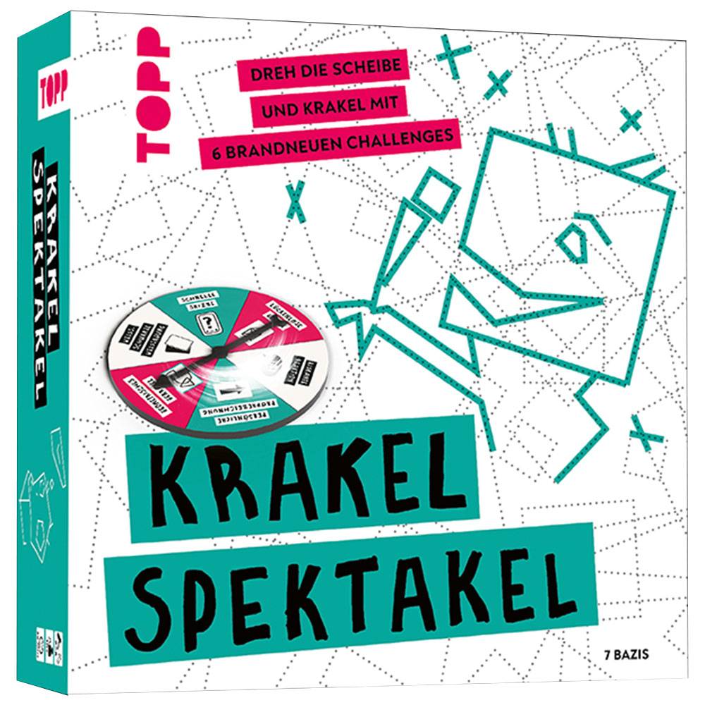 Schachteltitel für das Spiel 'KRAKEL SPEKTAKEL' mit einem Spinner-Rad und deutschem Text 'DREH DIE SCHEIBE UND KRAKEL MIT 6 BRANDNEUEN CHALLENGES'.