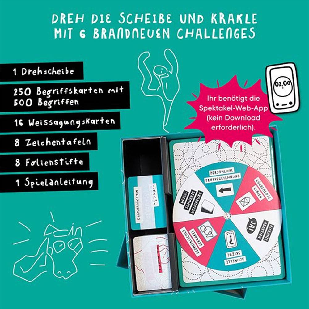 # Brettspielbox auf Deutsch mit der Werbung „Dreh die Scheibe und krakle mit 6 brandneuen Challenges", mit Inhaltsliste und Challenge-Rad.