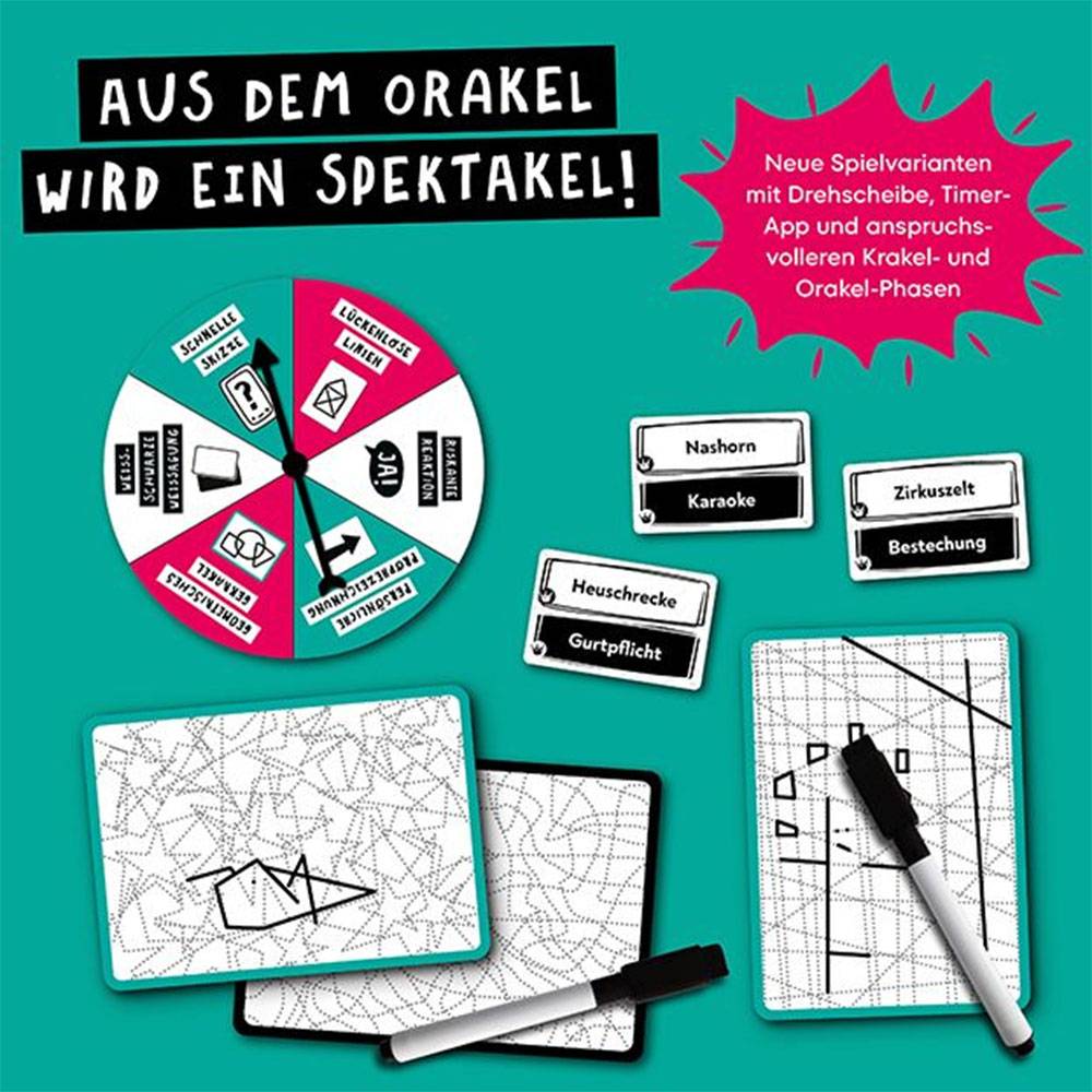 Werbegrafik für das Brettspiel „Aus dem Orakel wird ein Spektakel!" mit einem Spielrad, neuen Variantenkarten und Zeichenbrettern/Markern zum Spielen.