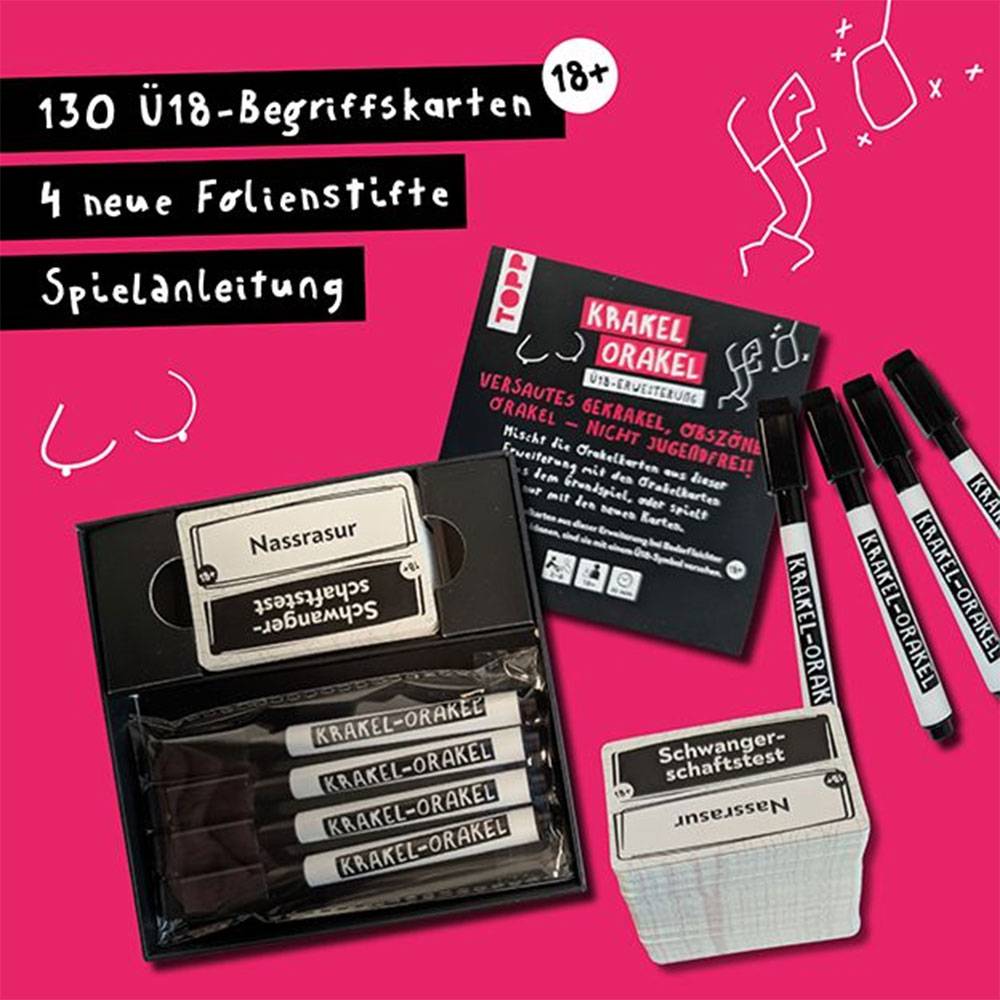 Werbebild des Kartenspiels „KRAKEL-ORAKEL" mit 130 Fragekarten, 4 neuen Stiften, Anleitung und Beispielkarten auf rosa Hintergrund.