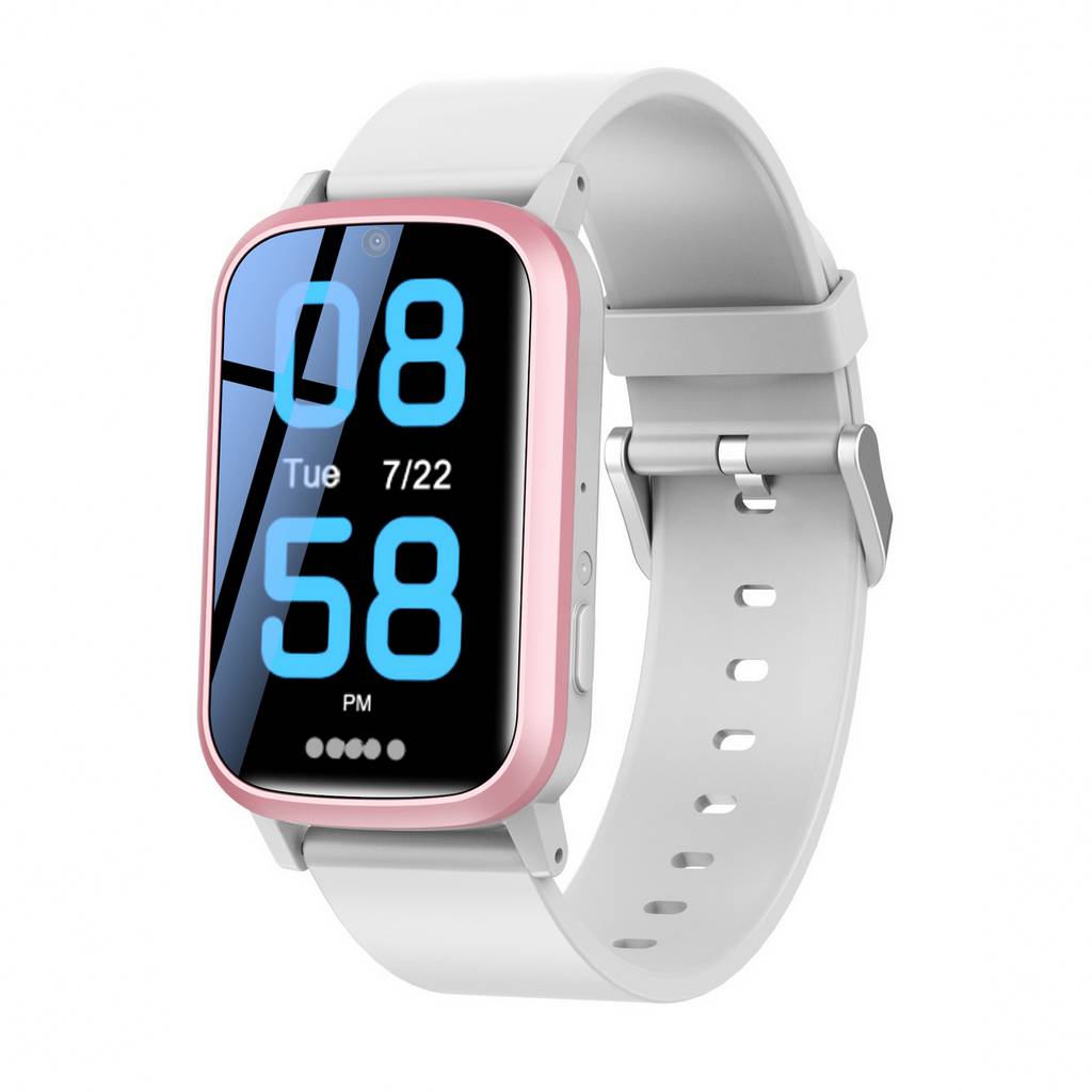 Rosa Smartwatch mit weißem Armband, das auf schwarzem Bildschirm die digitale Uhrzeit 08:58 und das Datum Di 22.7 anzeigt.