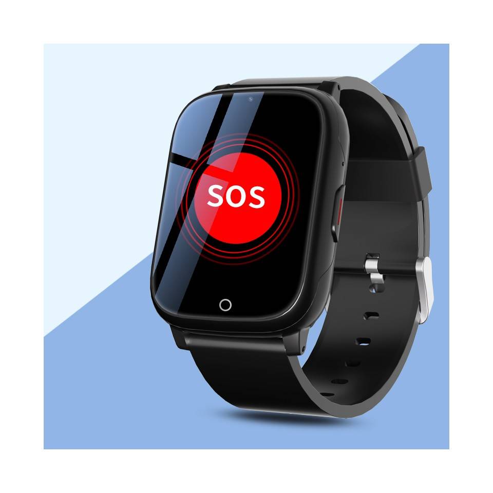 Schwarze Smartwatch mit "SOS""-Notfallalarm auf dem Bildschirm vor blauem geometrischem Hintergrund.