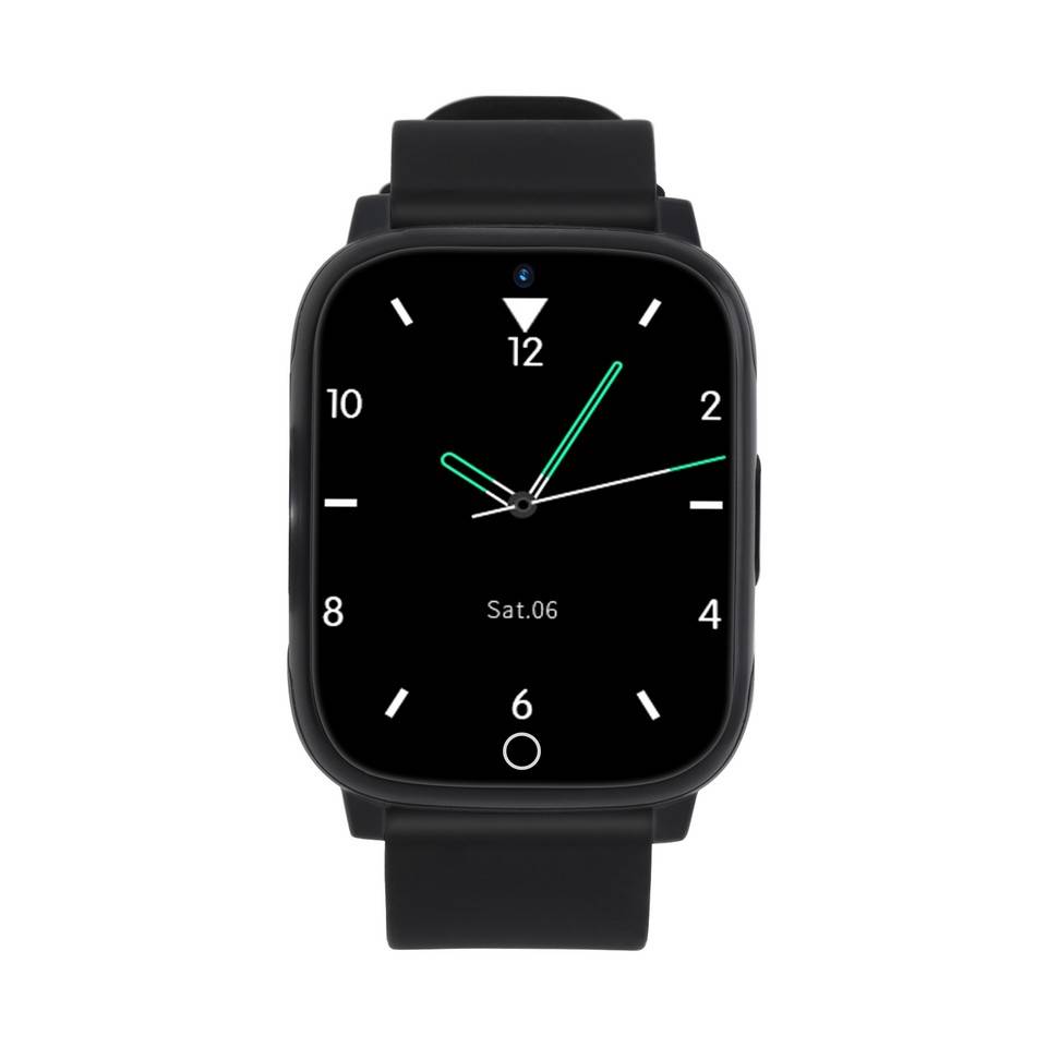 Schwarze Smartwatch mit analogem Zifferblatt, das 12, 2, 4, 6, 8, 10 und „Sa.06
