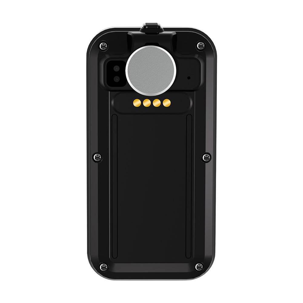Schwarzes robustes tragbares Gerät von hinten gezeigt, mit einem großen kreisförmigen Sensor oder einer Kamera oben und vier goldenen Kontakten darunter.