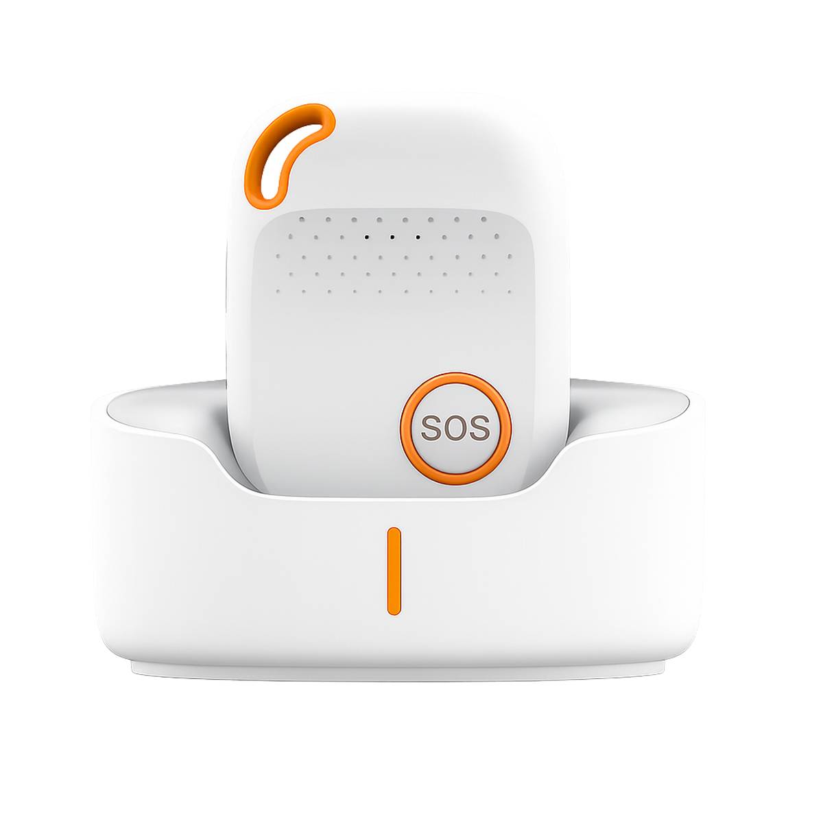 Weißes SOS-Notfallknopfgerät mit orangefarbenen Akzenten, angedockt in einer Basis und mit Telefonsymbol sowie einer zentralen Anzeigleuchte.