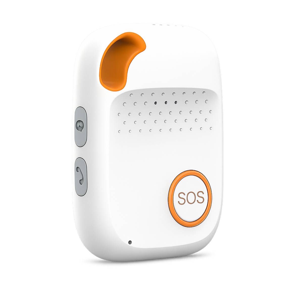 Weiße tragbare Notfallalarmvorrichtung mit orangefarbener Akzentuierung, Lautsprecherlöchern, Seitentasten und großer „SOS"-Taste.