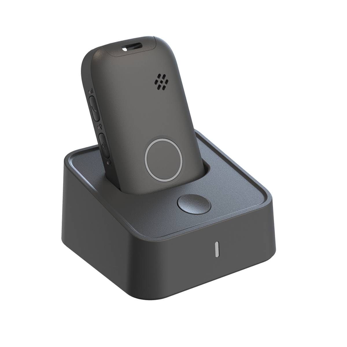 Ein Smartphone im BlackBerry-Stil steht aufrecht in einer kompakten Ladestation auf weißem Hintergrund.