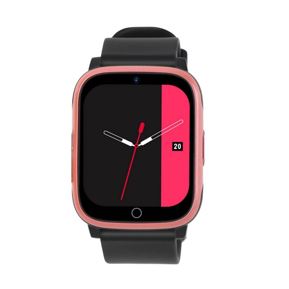 Rosa Smartwatch mit schwarzem Armband, zeigt ein analog gestaltetes Zifferblatt und das Datum 20 auf einem schwarzen und rosa Bildschirm.