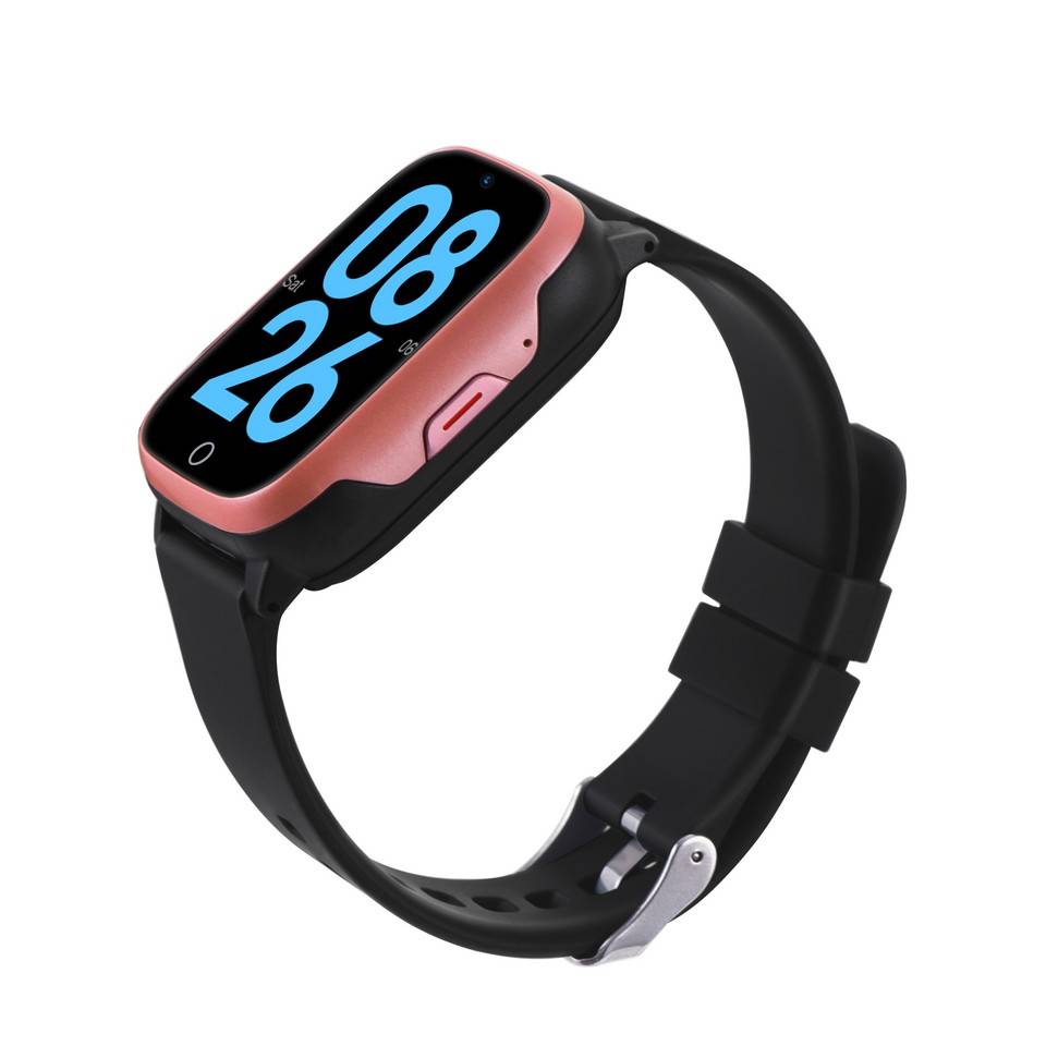 Rosa Smartwatch mit schwarzem Armband, die Zeit 08:26 auf einem schwarzen Bildschirm anzeigend.