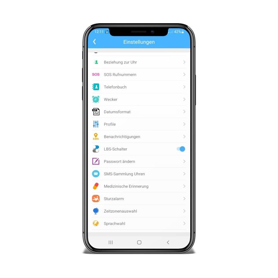 Smartphone, das ein deutsches Einstellungsmenü mit dem Titel "Einstellungen"" für eine Uhren-App anzeigt, mit Optionen wie SOS-Nummern, Telefonbuch, Alarm, Benachrichtigungen, Sprache und einen aktivierten LBS-Schalter.
