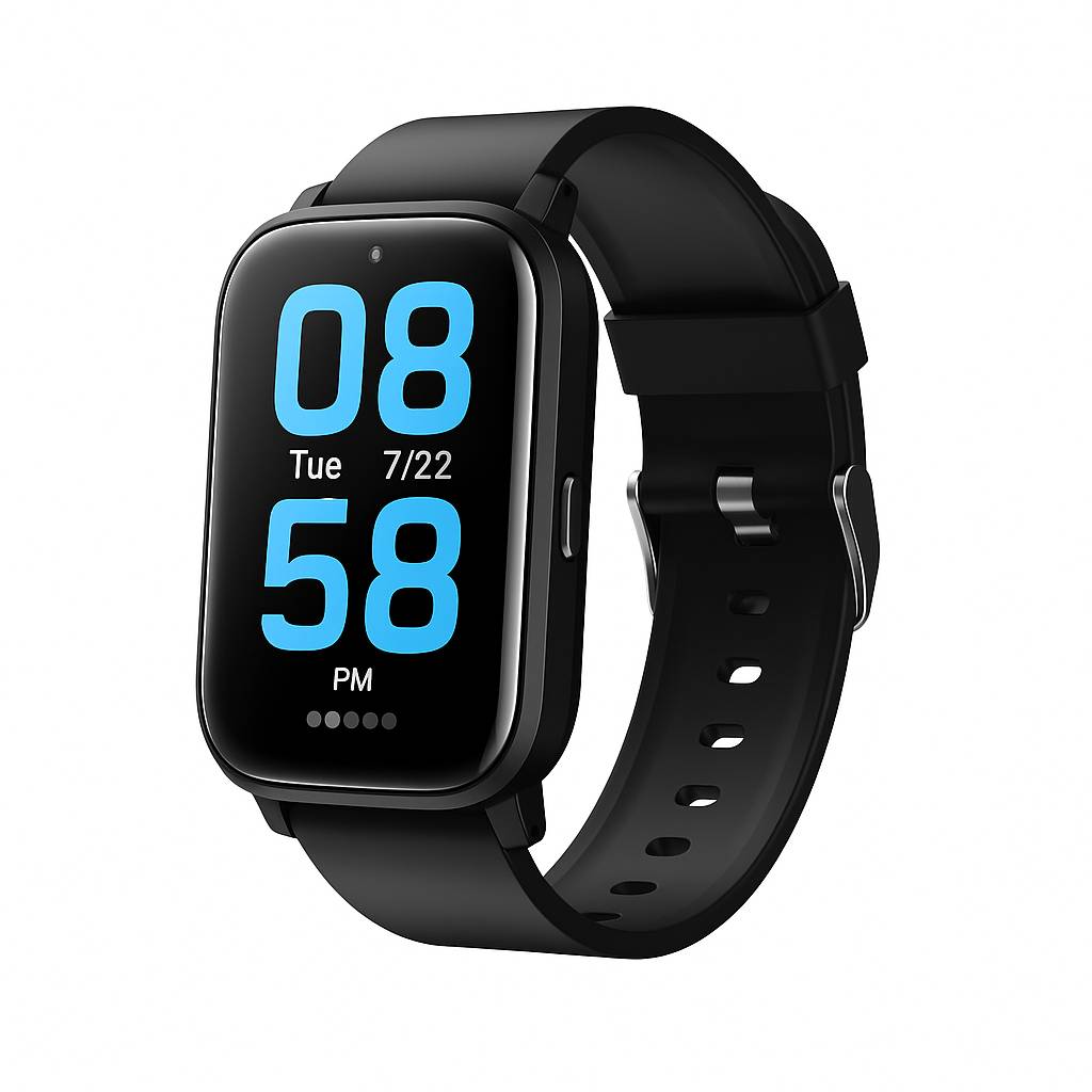 Schwarze Smartwatch zeigt 20:58 Uhr an, Di 22.7., auf schwarzem Armband vor weißem Hintergrund.