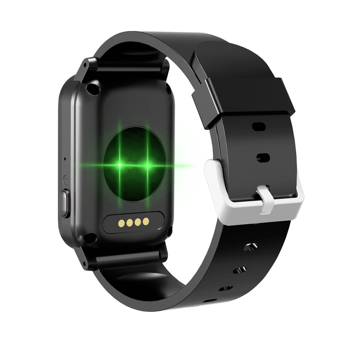 Schwarze Smartwatch mit leuchtender grüner kreisförmiger Sensor auf der Unterseite und schwarzem Silikonarmband mit silbernem Schnallenverschluss, vor weißem Hintergrund gezeigt.