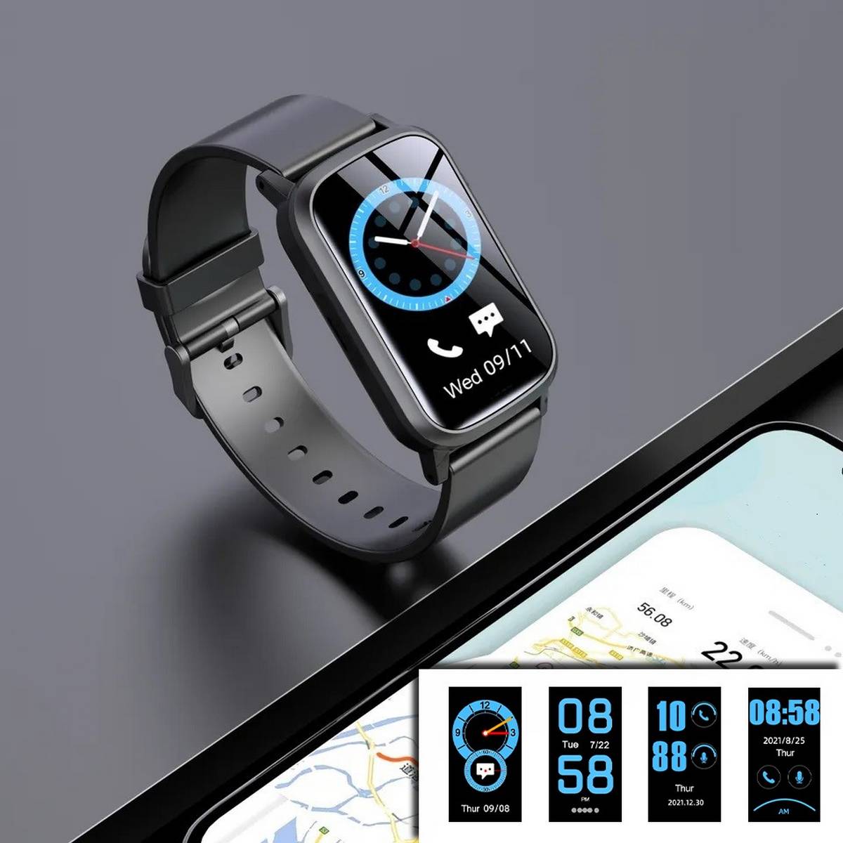 Smartwatch mit schwarzem Armband, das eine analog-digitale Anzeige und das Datum „Mi. 09/11" zeigt, mit einem Telefonbildschirm und Uhrzifferblatt-Optionen unten.