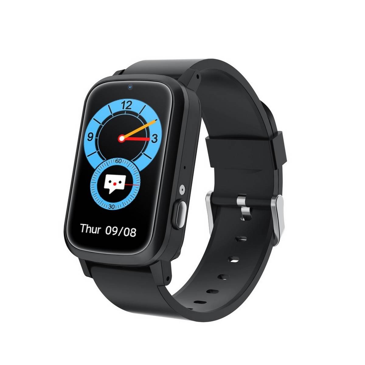 Schwarze Smartwatch mit rechteckigem Touchscreen, der analog anmutende Zifferblätter und das Datum „Do 09.08" auf weißem Hintergrund anzeigt.