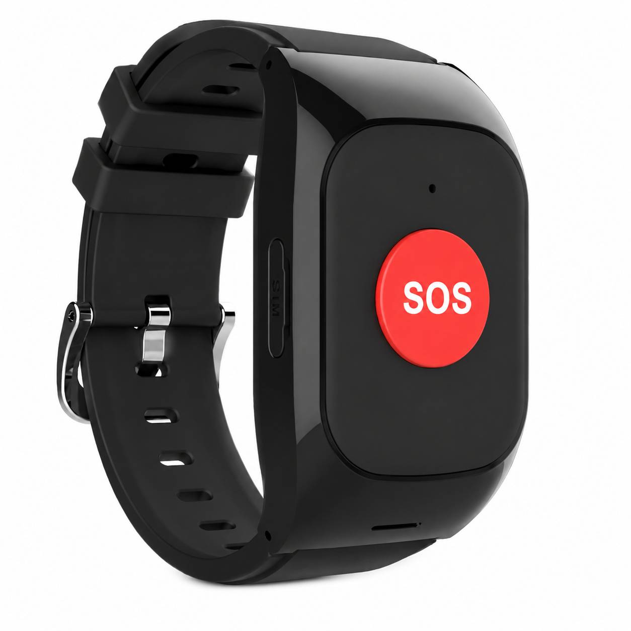 Schwarze Smartwatch mit großer roter SOS-Notfalltaste im Display-Bereich.