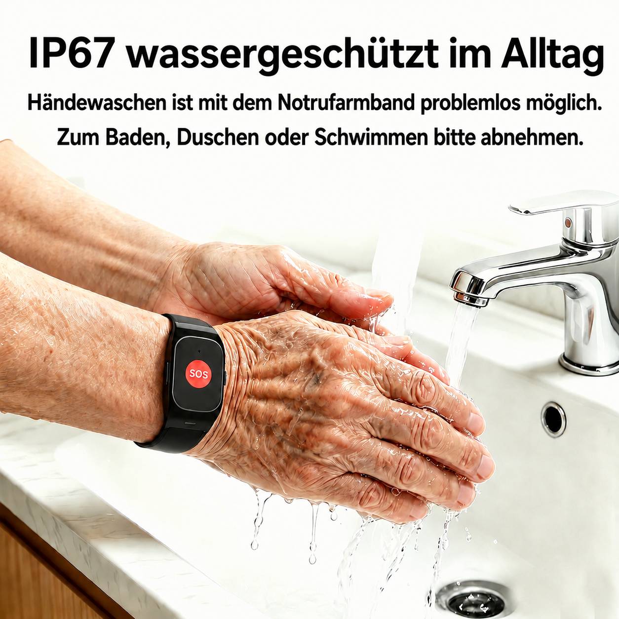 Ältere Person wäscht sich die Hände an einem Waschbecken, während sie ein schwarzes SOS-Notfall-Armband trägt; der Text besagt „IP67 wassergeschützt im Alltag" und es sollte zum Baden, Duschen oder Schwimmen entfernt werden.