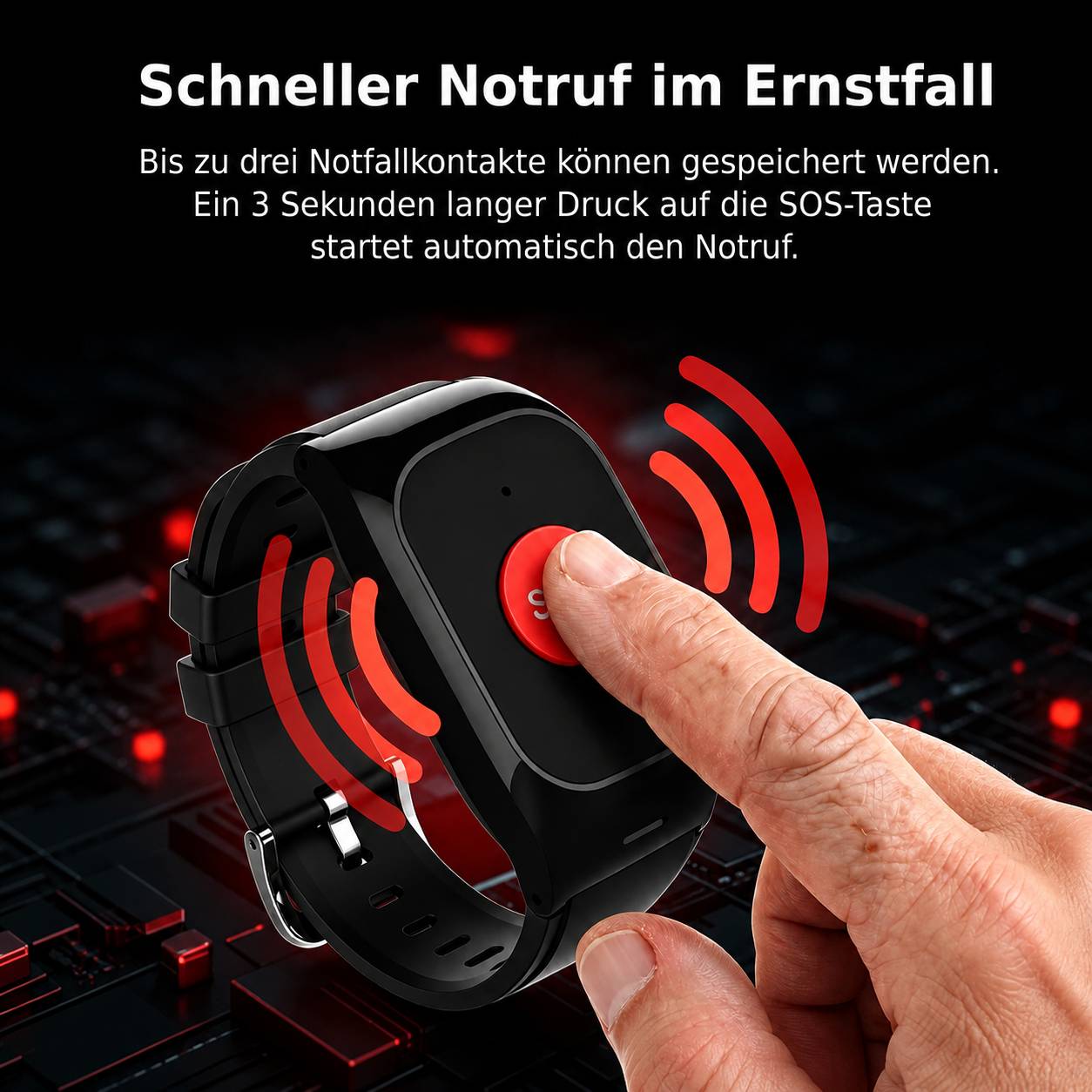 Smartwatch-SOS-Funktion mit einer Anzeige, auf der ein Finger auf einen roten SOS-Button drückt; deutscher Text besagt, dass Notrufe durch dreisekündiges Halten eingeleitet werden können und bis zu drei Notfallkontakte gespeichert werden können.