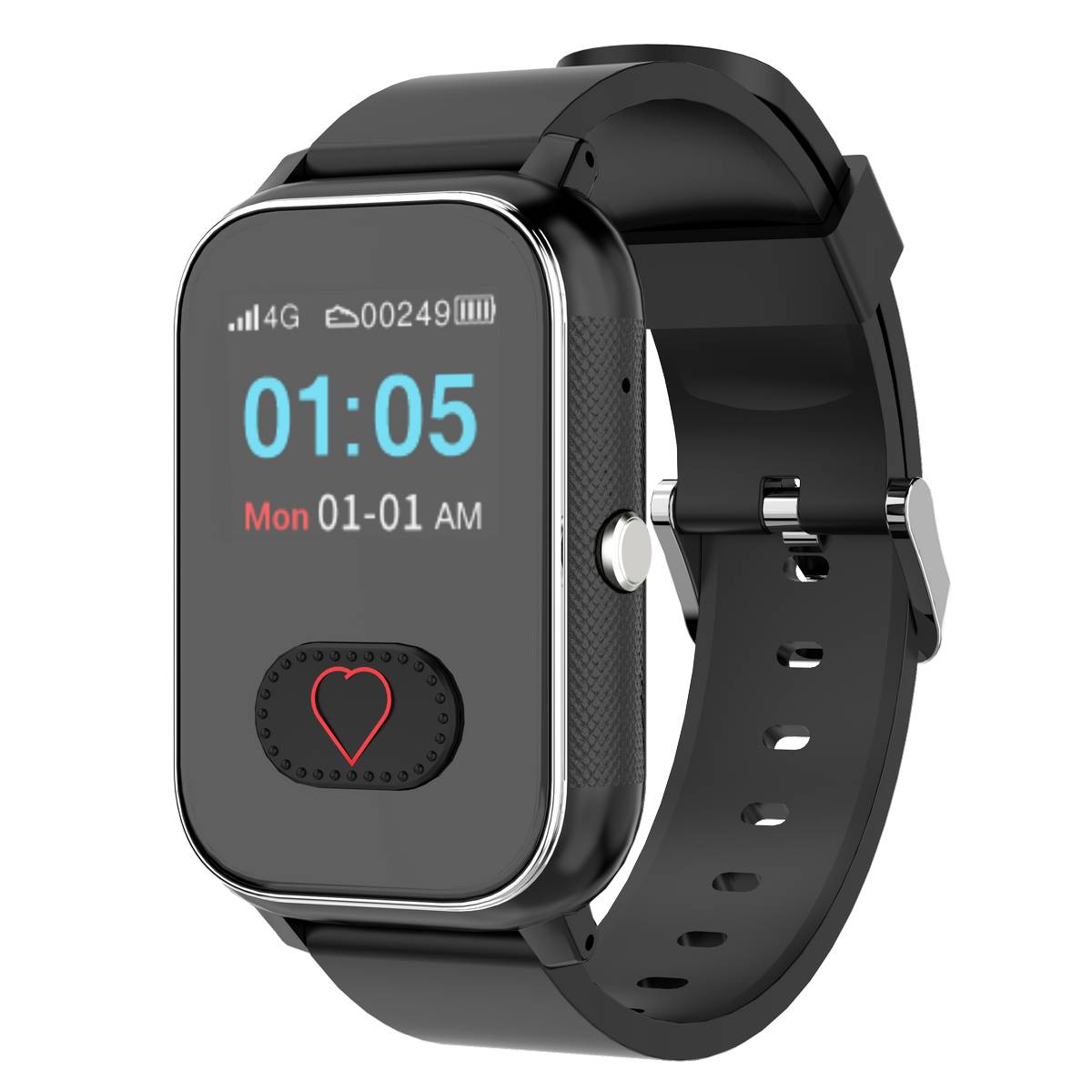 Schwarze rechteckige Smartwatch mit digitalem Display, das 01:05, Mo 01-01 AM und ein Herzsymbol auf einem schwarzen Armband anzeigt.