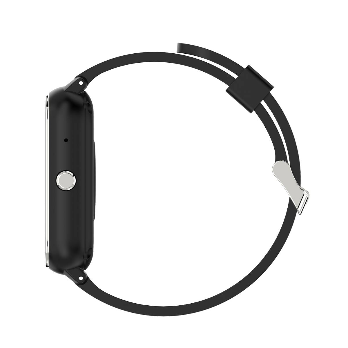 Schwarze Smartwatch in Seitenansicht mit rundem schwarzem Armband und silberner Schnalle, isoliert auf weißem Hintergrund.