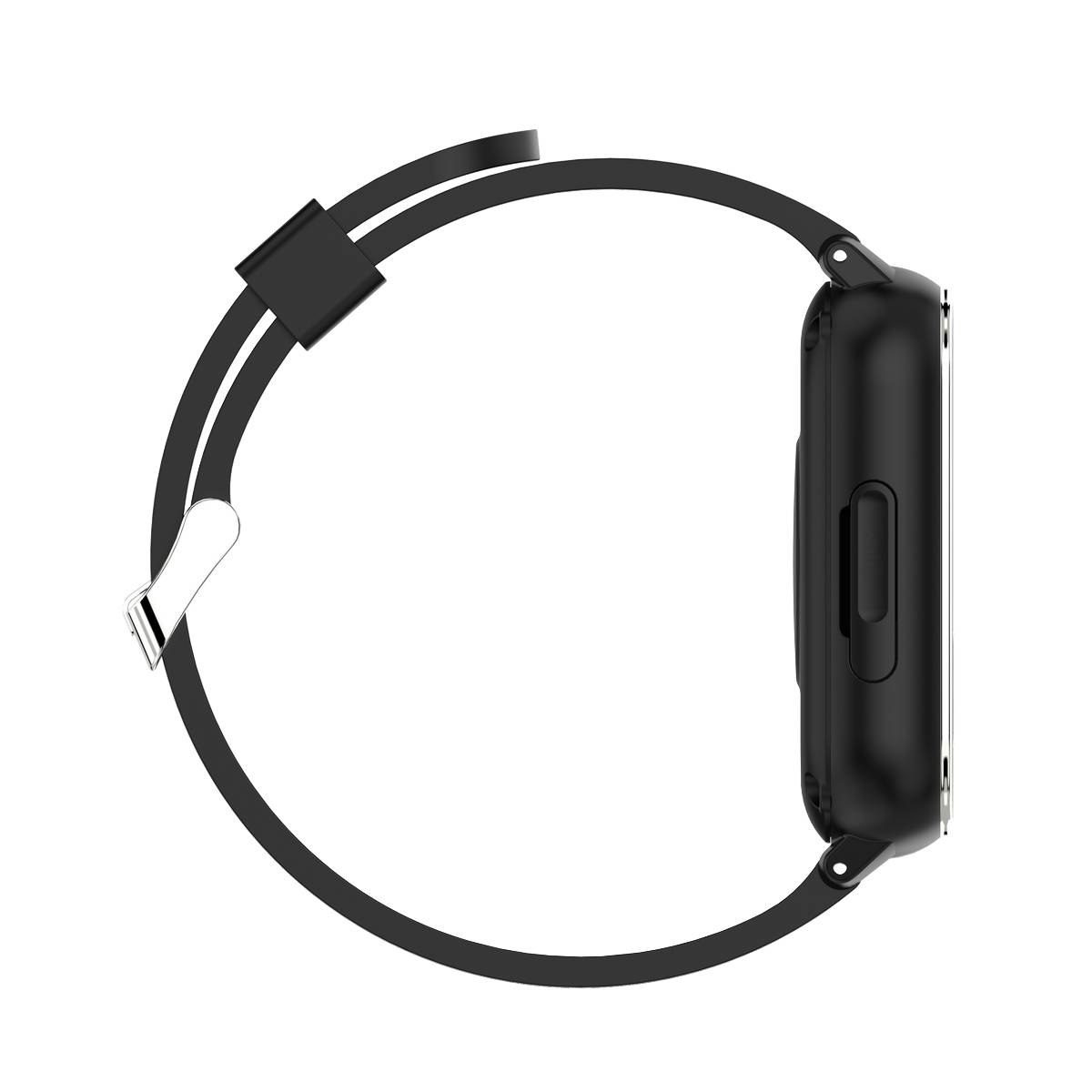 Seitenansicht einer schwarzen Smartwatch mit rundem Armband auf weißem Hintergrund, die das Uhrengehäuse und die Armband-Schließe zeigt.