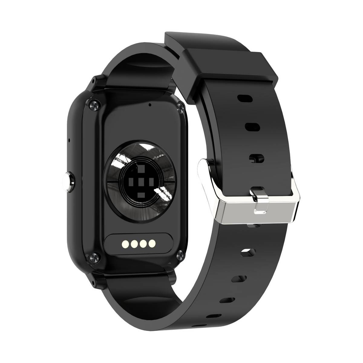 Schwarze Smartwatch mit rechteckigem Rückensensor, rundem Kontaktfeld und verstellbarem schwarzem Armband mit silbernem Verschluss auf weißem Hintergrund.