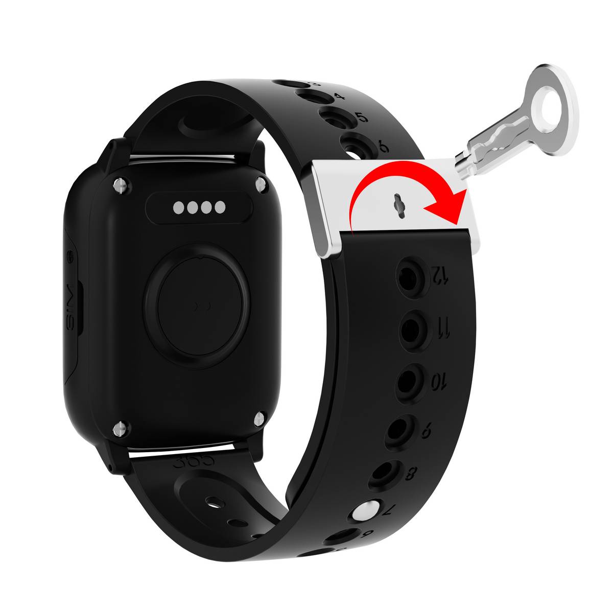 Schwarzes Smartwatch-Armband mit einem Schlüssel zum Entriegeln der Riemenverstellklemme, dargestellt als Installations- oder Größenänderungsillustration.