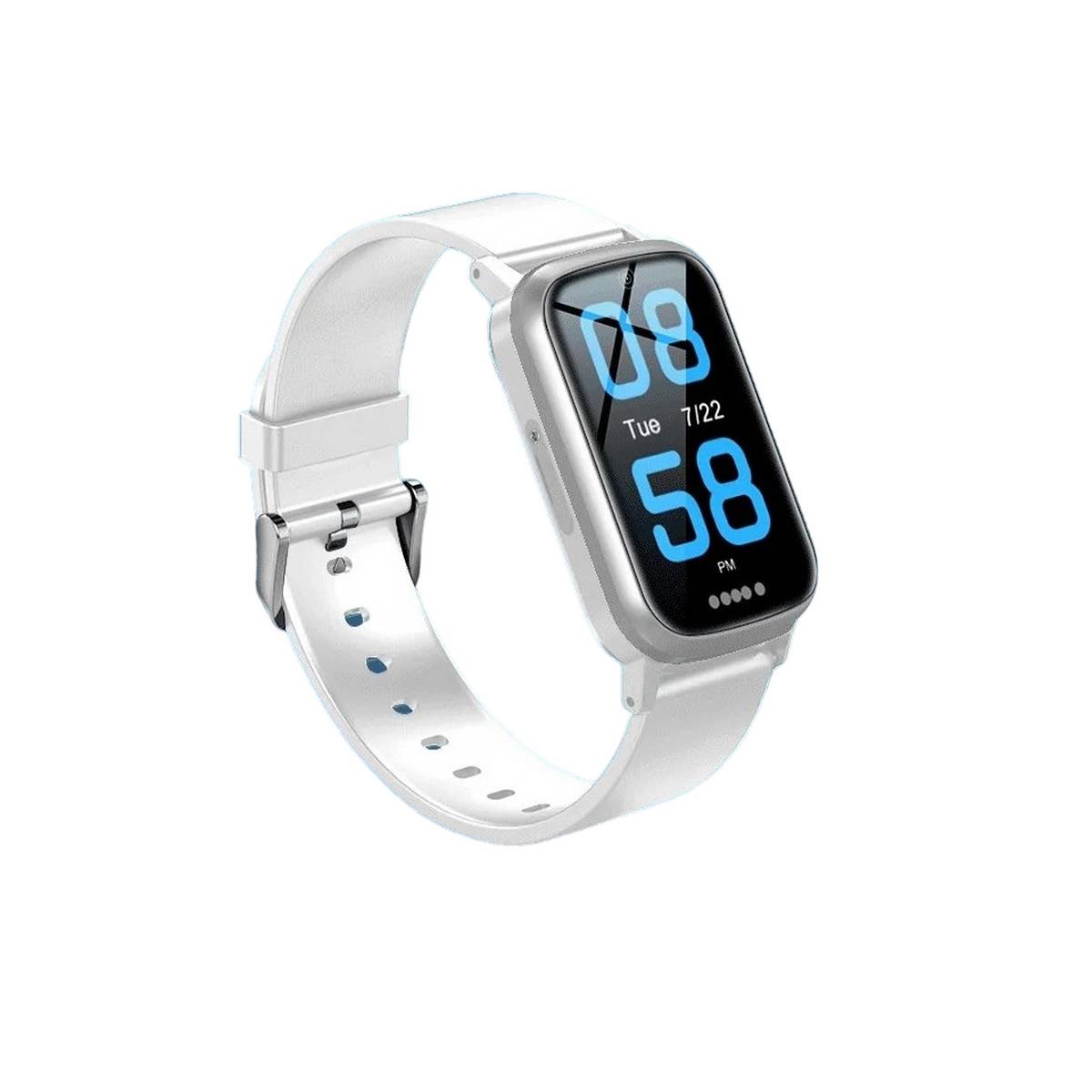 Silberne Fitness-Smartwatch mit weißem Armband, zeigt digitale Uhrzeit 08:58 und Datum Di 7/22 auf schwarzem Display an.