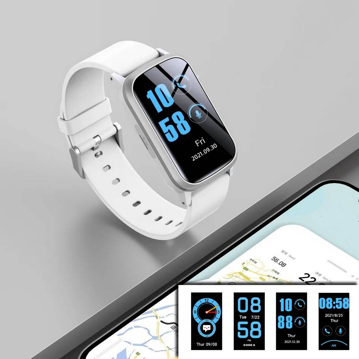 Weiße Smartwatch mit quadratischem Touchscreen zeigt 10:58, Freitag und Datum an, darunter sind austauschbare digitale Zifferblattdesigns zu sehen.