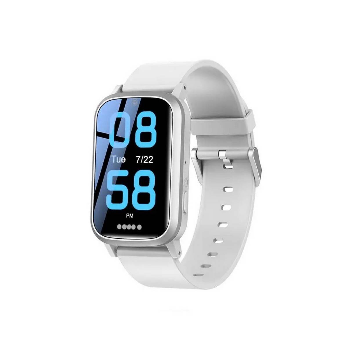 Weiße rechteckige Smartwatch mit silbernem Gehäuse und weißem Armband, zeigt die digitale Uhrzeit 20:58 Uhr und das Datum Di 22/7 auf dem Display.