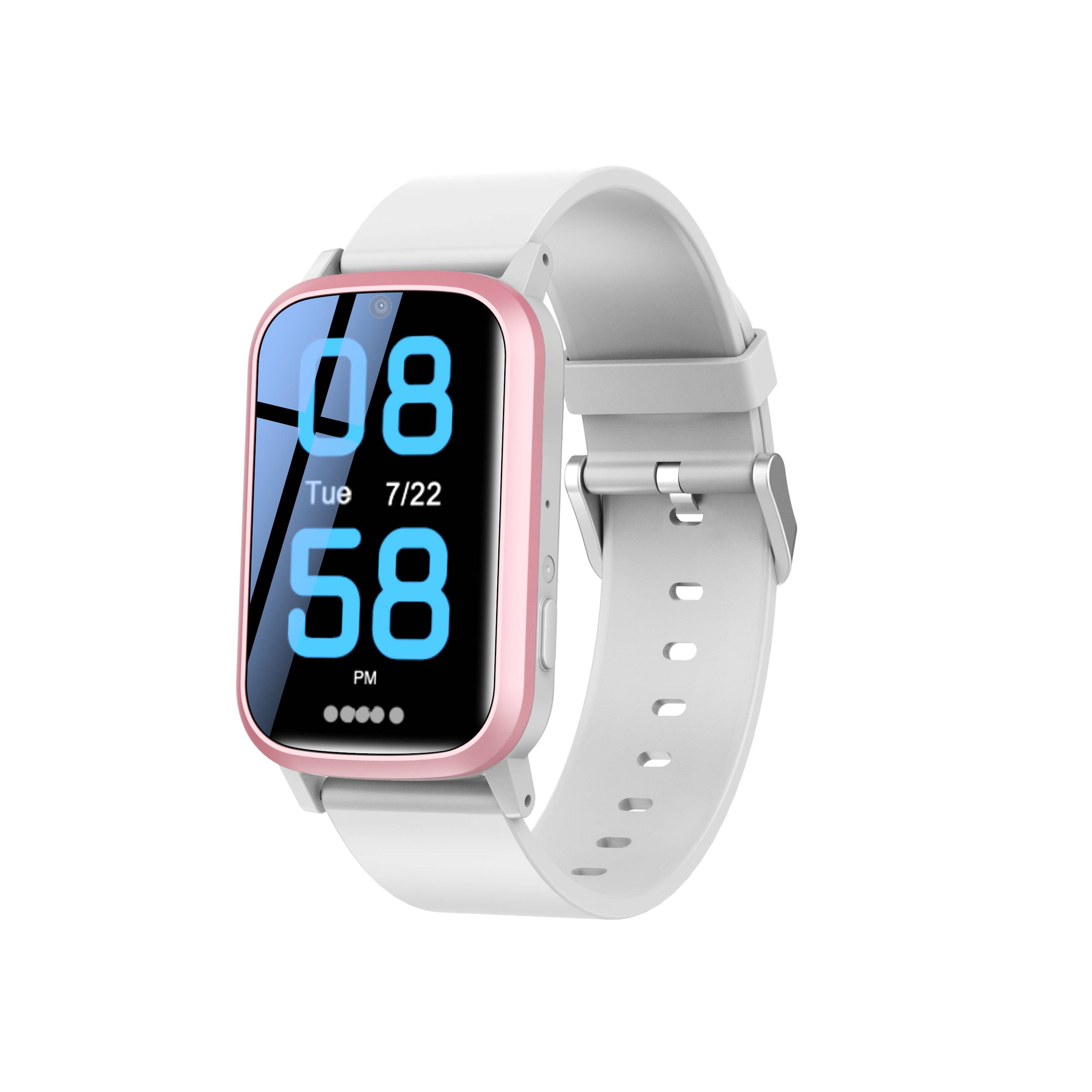 Rosa und weiße Smartwatch, die 08:58, Di 7/22 und PM auf einem schwarzen Bildschirm mit weißem Armband anzeigt.