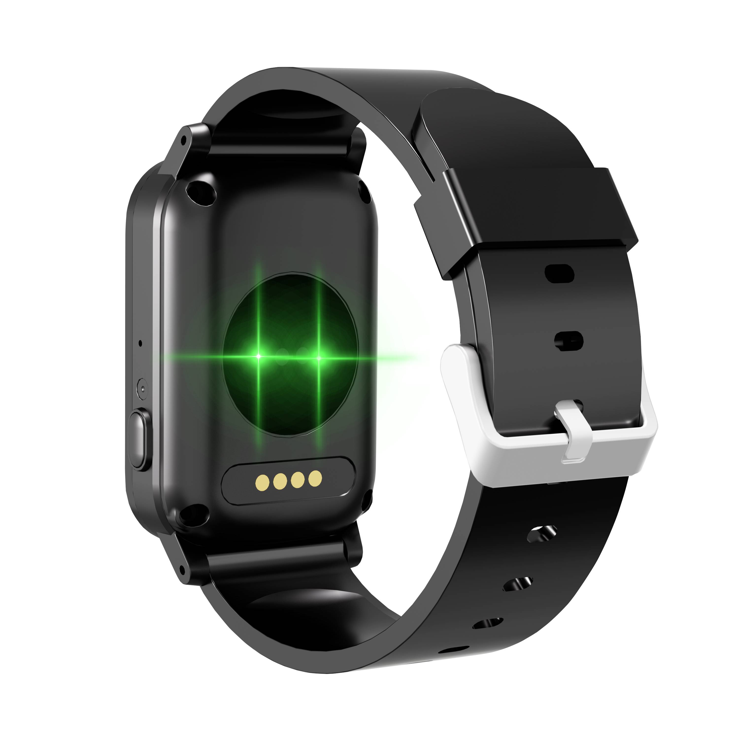 Schwarze Smartwatch mit leuchtend grünem Sensor auf der Rückseite und schwarzem Armband mit silberner Schnalle, dargestellt auf weißem Hintergrund.