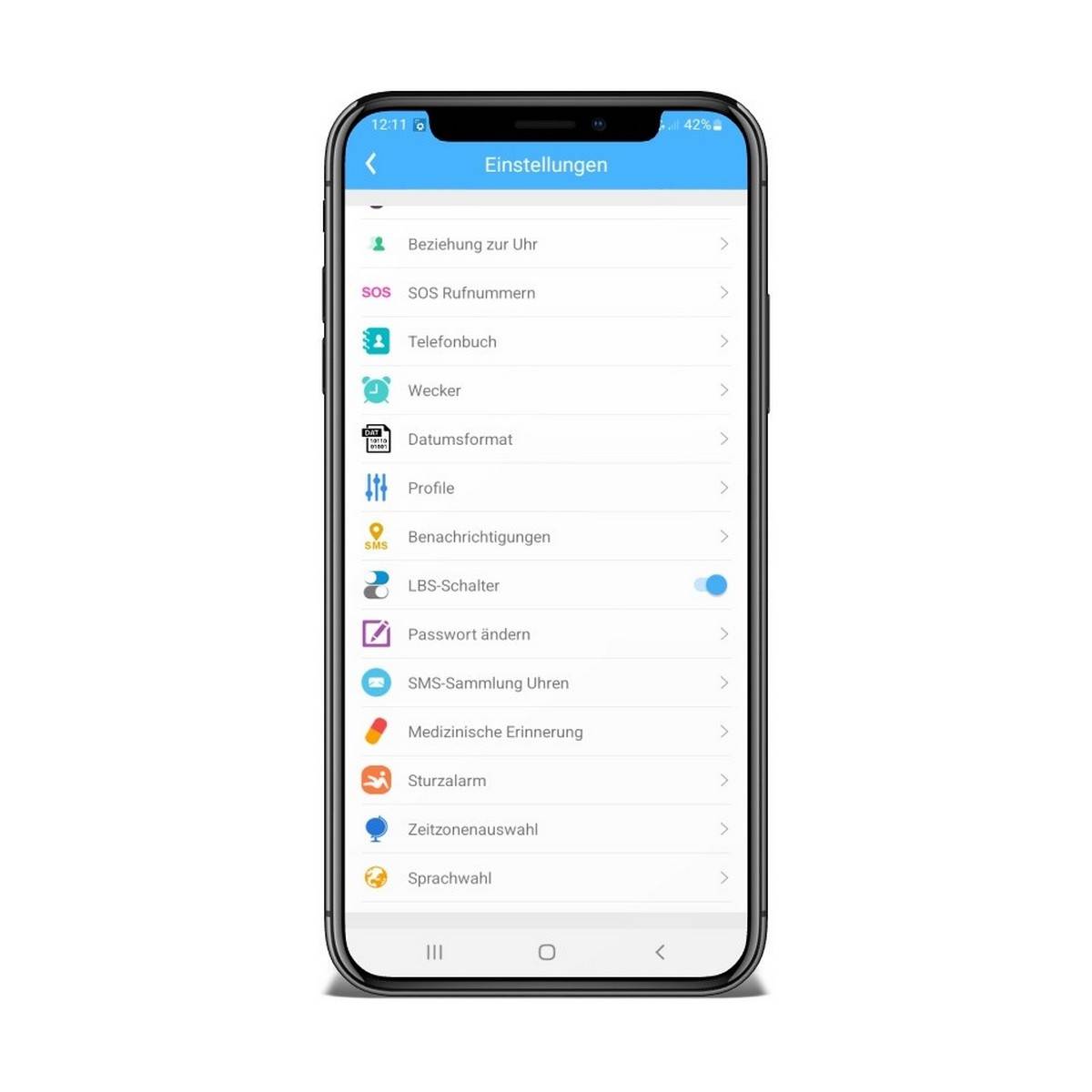 Ein Smartphone-Bildschirm zeigt ein deutsches Menü "Einstellungen"" für eine Watch-App, das Optionen wie Notrufnummern, Telefonbuch, Wecker, Benachrichtigungen und einen Standortschalter auflistet.