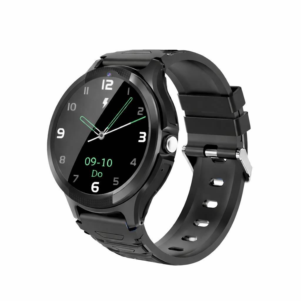 Schwarze runde Smartwatch mit analogem Zifferblatt, das 09:10 Uhr und Do anzeigt, auf schwarzem Armband vor weißem Hintergrund.