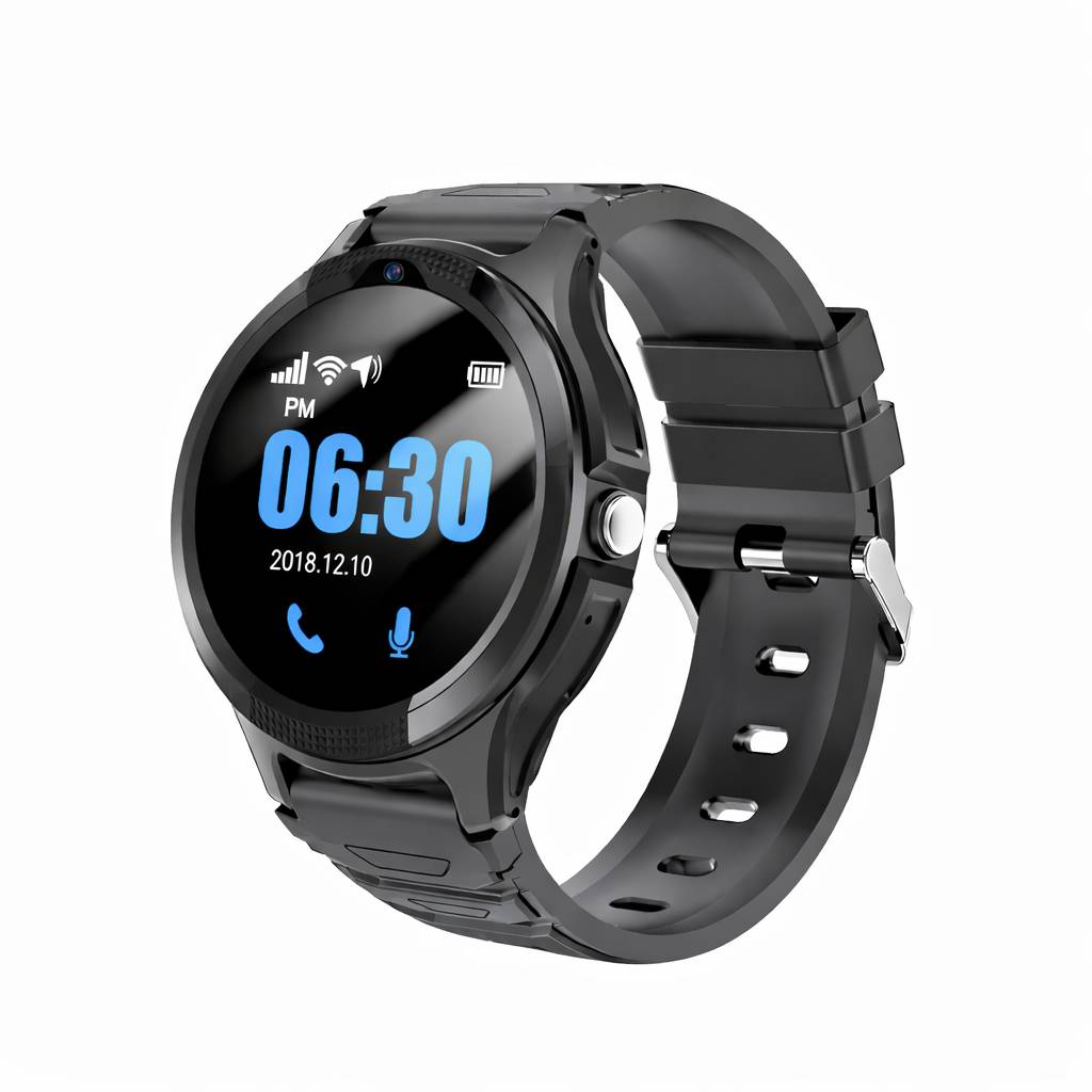 Schwarze runde Smartwatch mit digitaler Anzeige, die 06:30 Uhr, das Datum 2018.12.10 sowie Anrufe- und Mikrofonsymbole auf weißem Hintergrund zeigt.