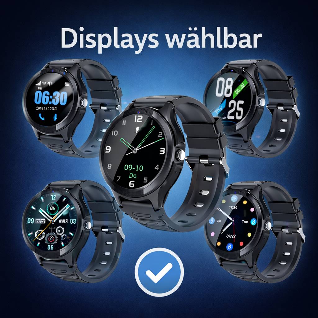 Werbebild einer Smartwatch mit wählbaren Display-Zifferblättern, mit fünf Uhrengesicht-Beispielen und dem deutschen Text „Displays wählbar" über einem Häkchen-Symbol.
