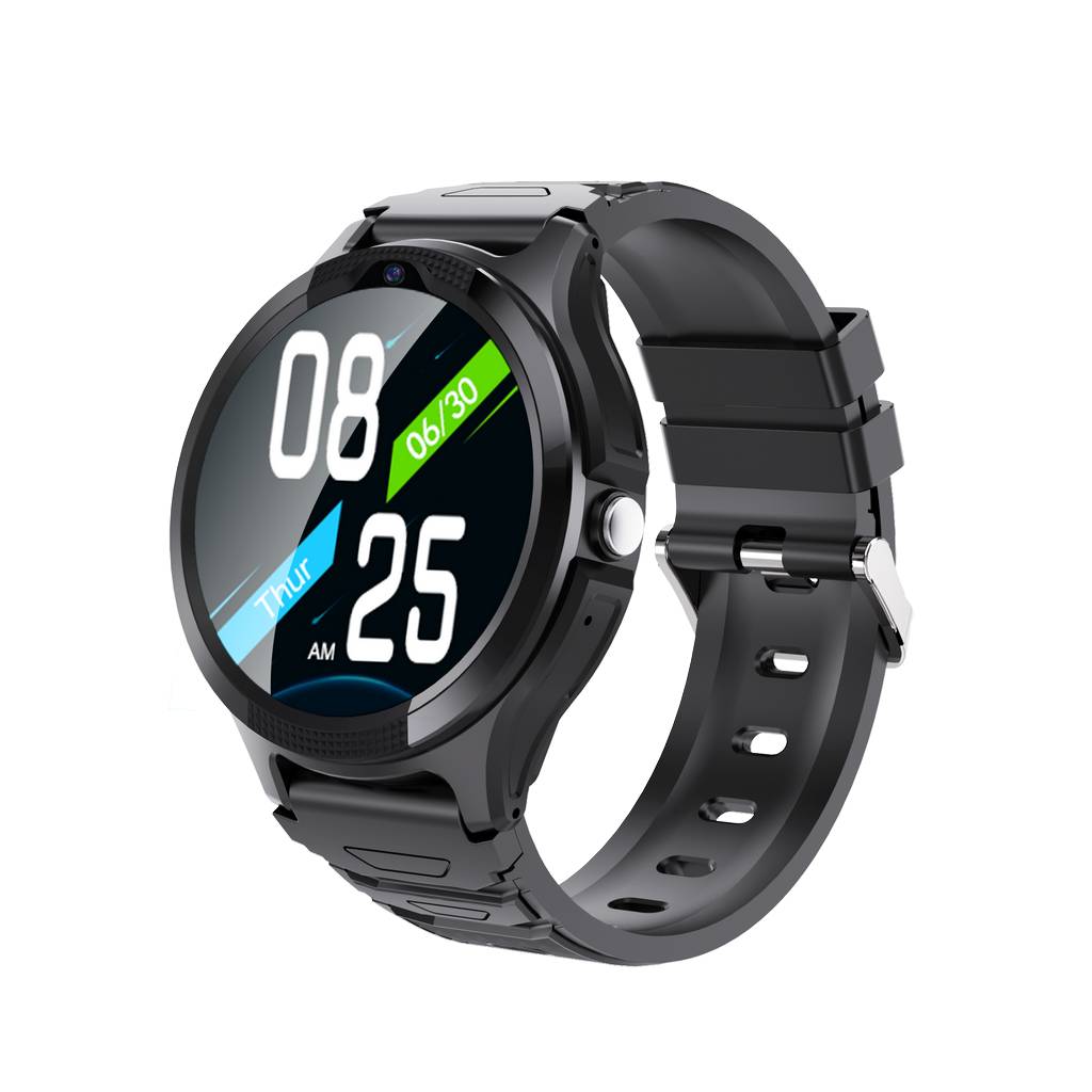 Schwarze runde Smartwatch mit digitalem Display, das 08:25 AM, Do und 06/30 auf einem schwarzen Silikonarmband anzeigt.