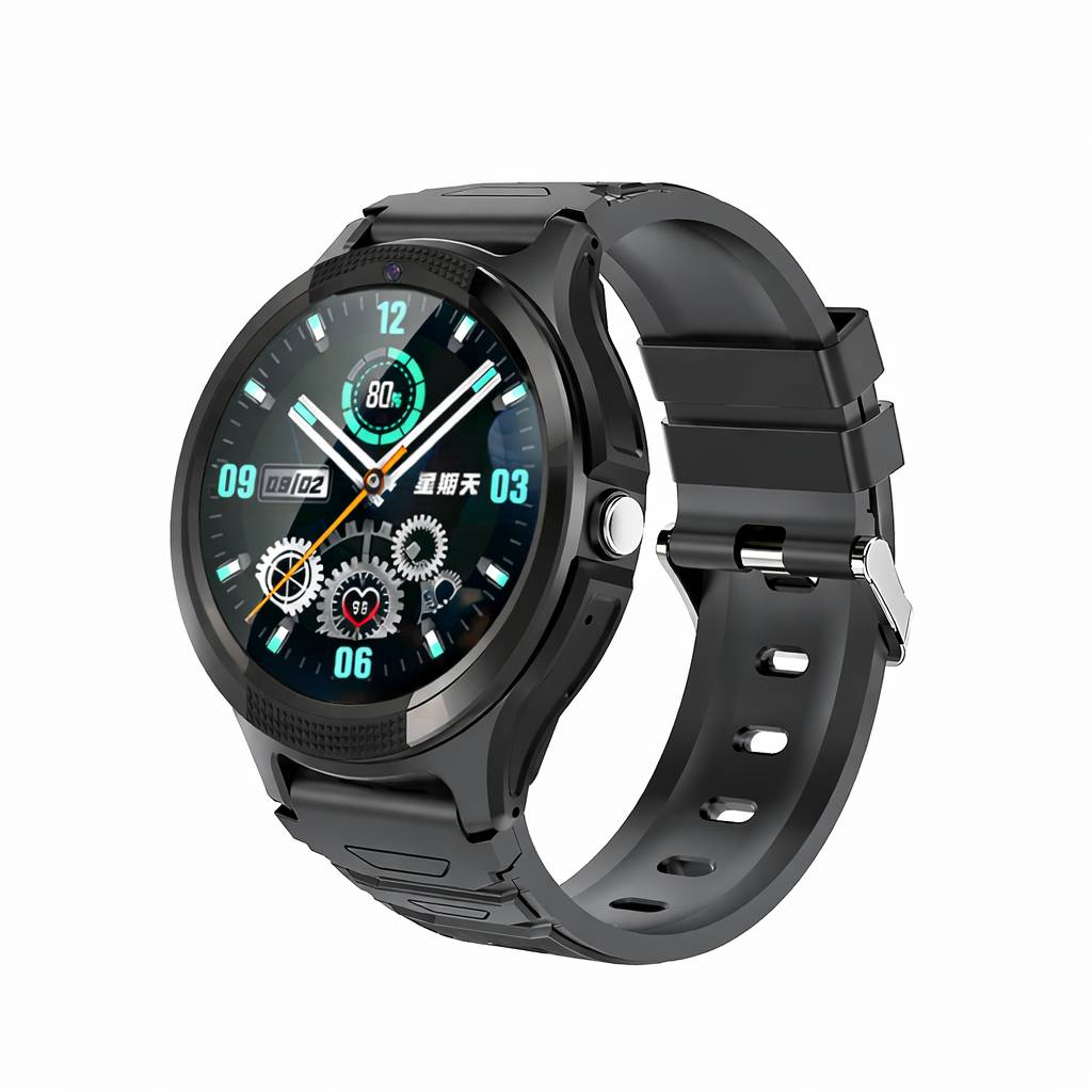 Schwarze runde Smartwatch mit digitalem Analog-Stil-Zifferblatt, das die Uhrzeit, das Datum, den Akkustand und Zahnrad-Grafiken auf einem schwarzen Armband anzeigt.