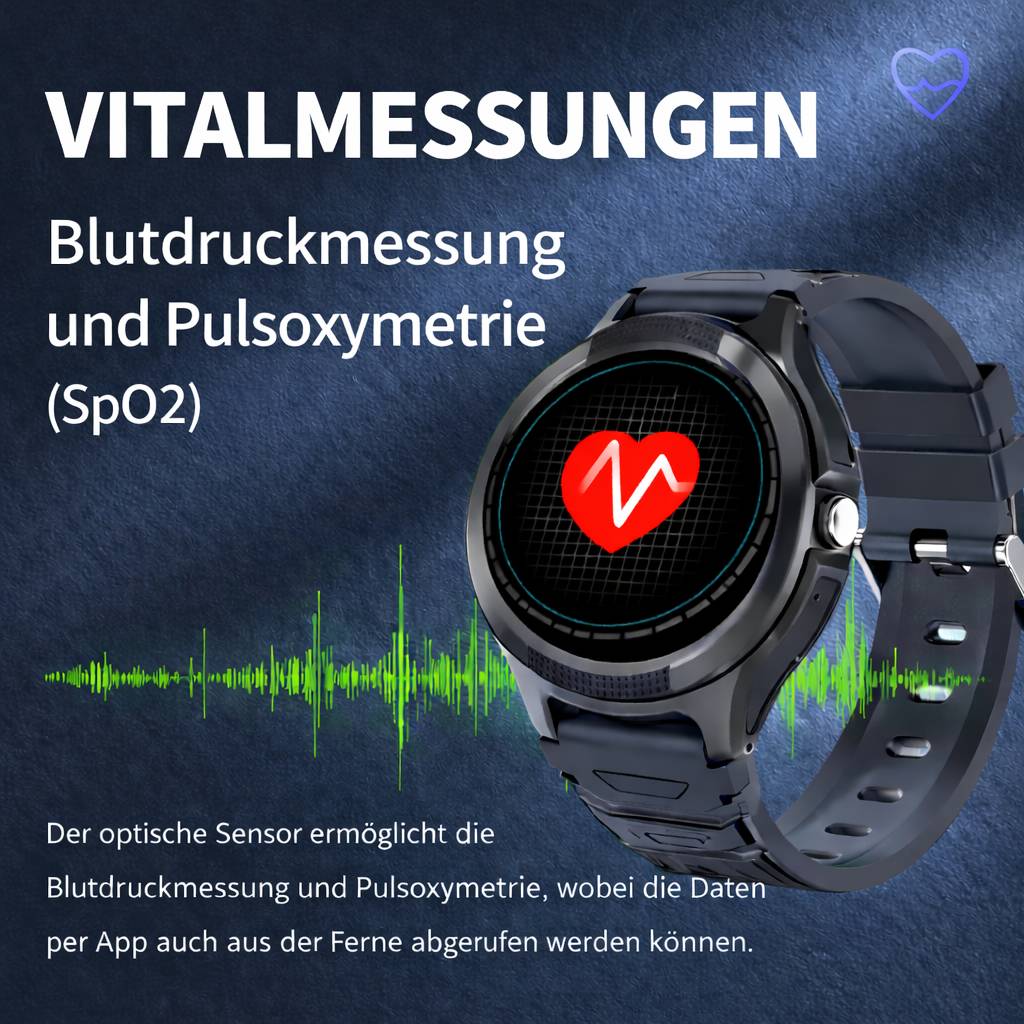 Smartwatch mit Herzfrequenz-Symbol, das die Überwachung von Vitalzeichen bewirbt: Blutdruck und Pulsoxymetrie (SpO2) über optischen Sensor und App-Zugriff.