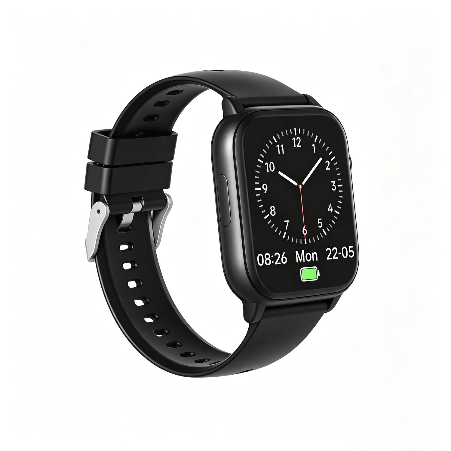 Schwarze Smartwatch mit schwarzem Armband, zeigt ein analoges Zifferblatt an, Uhrzeit 08:26, Montag, Datum 22-05 und ein Symbol für niedrigen Akkuladestand.