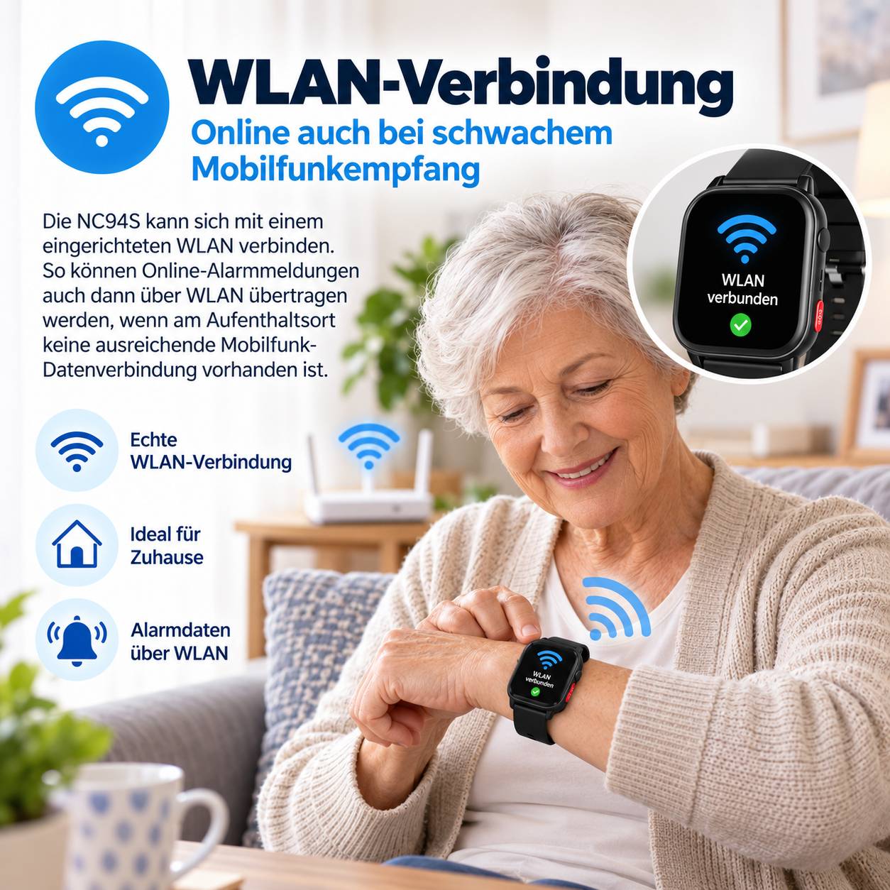 Ältere Frau überprüft eine Smartwatch mit der Anzeige „WLAN verbunden"; deutsche Anzeige erklärt, dass die NC94S Online-Alarme über Wi-Fi senden kann, auch bei schwachem Mobilfunksignal.