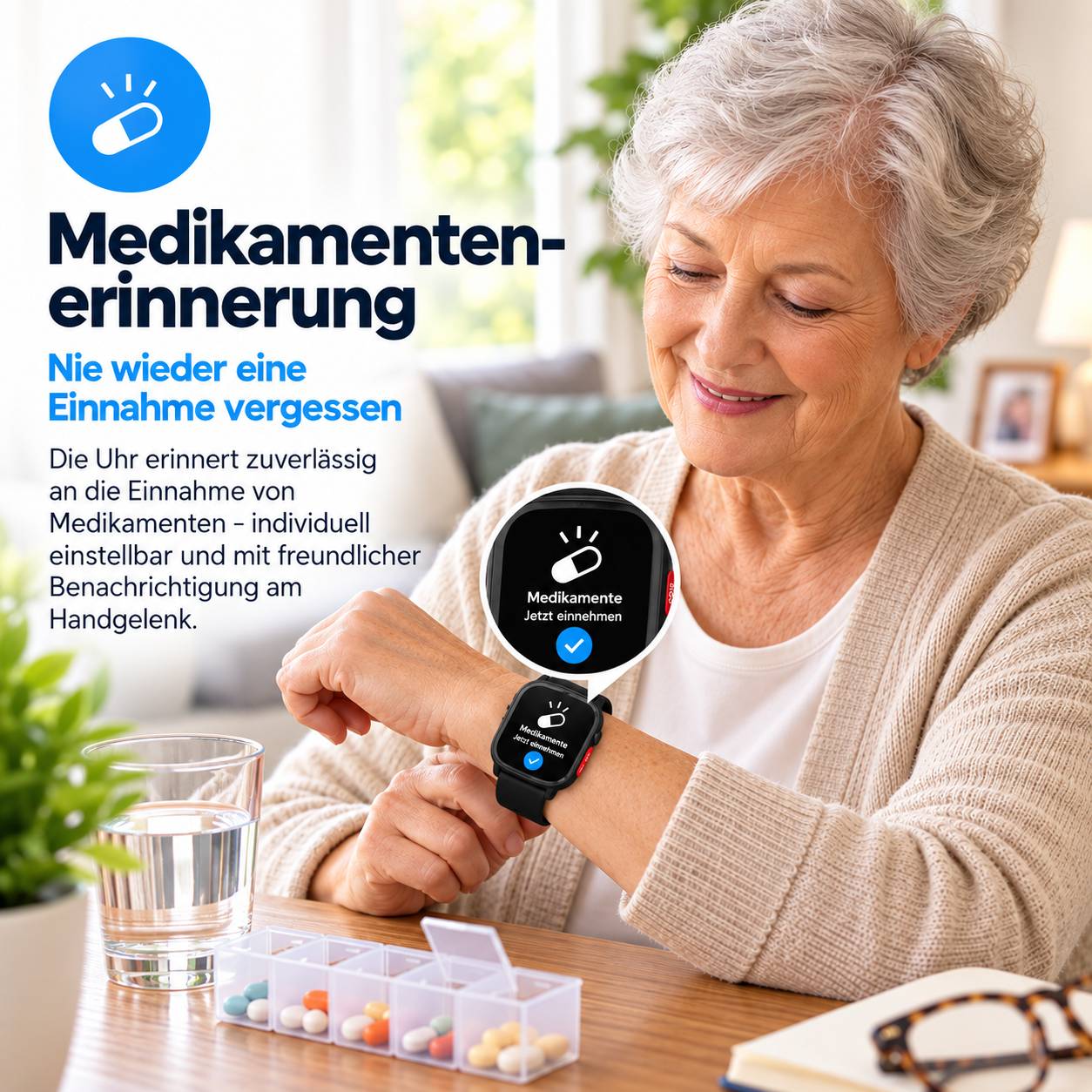 Eine ältere Frau überprüft die Medikamentenerinnerung ihrer Smartwatch an einem Tisch mit einem Pillendosierer und einem Glas Wasser; deutscher Text bewirbt zuverlässige Medikamentenerinnerungen.