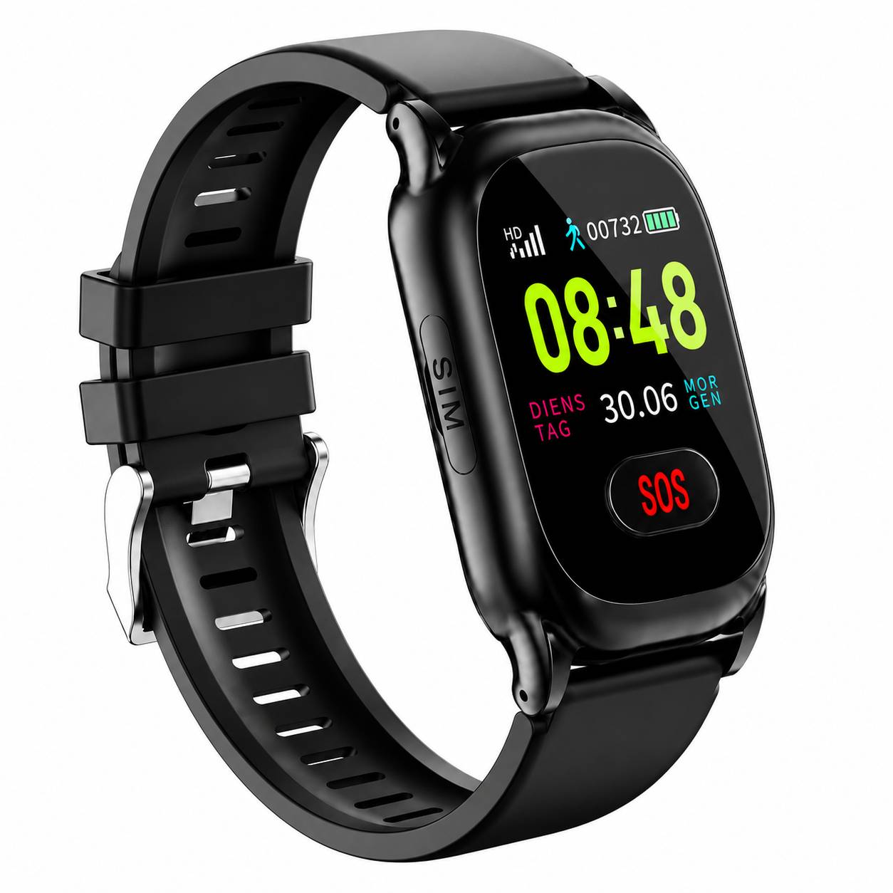 Schwarze Smartwatch/Fitness-Tracker mit farbigem Touchscreen, auf dem 08:48, Schrittanzahl, Akkuladung, Datum und eine SOS-Taste angezeigt werden.
