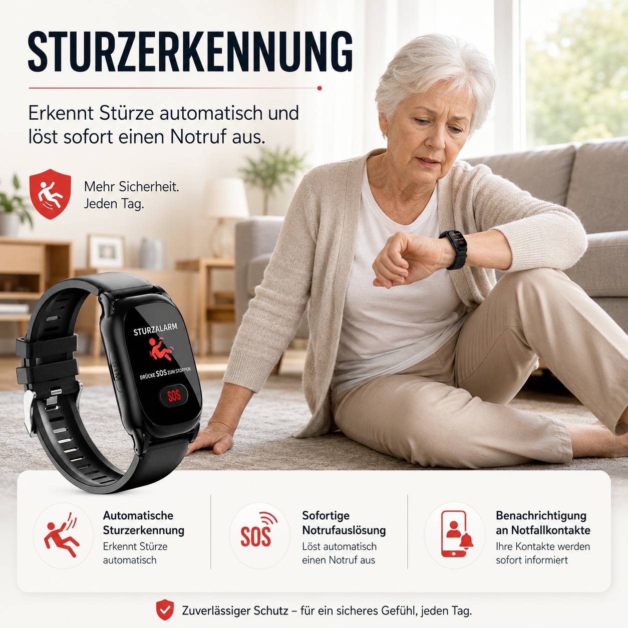 Werbeplakat für eine Sturzerkennung-Smartwatch: ältere Frau sitzt am Boden und prüft ihre Uhr; Text verspricht automatische Sturzerkennung und Notrufauslösung.