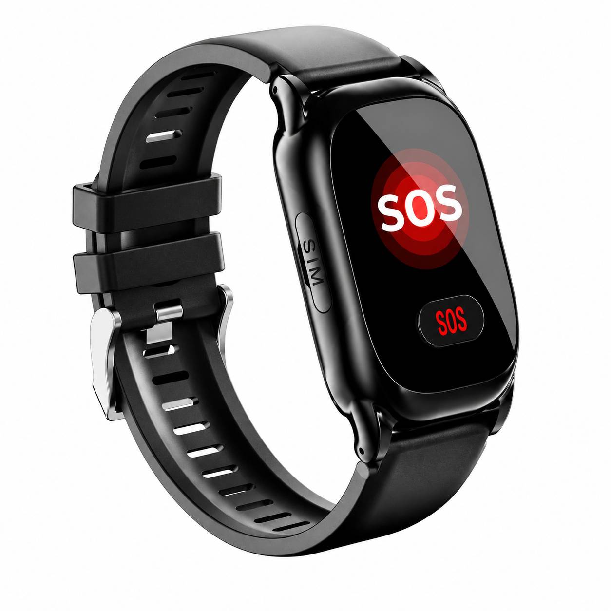 Schwarze Smartwatch mit "SOS""-Warnung auf dem Bildschirm, vor weißem Hintergrund dargestellt.